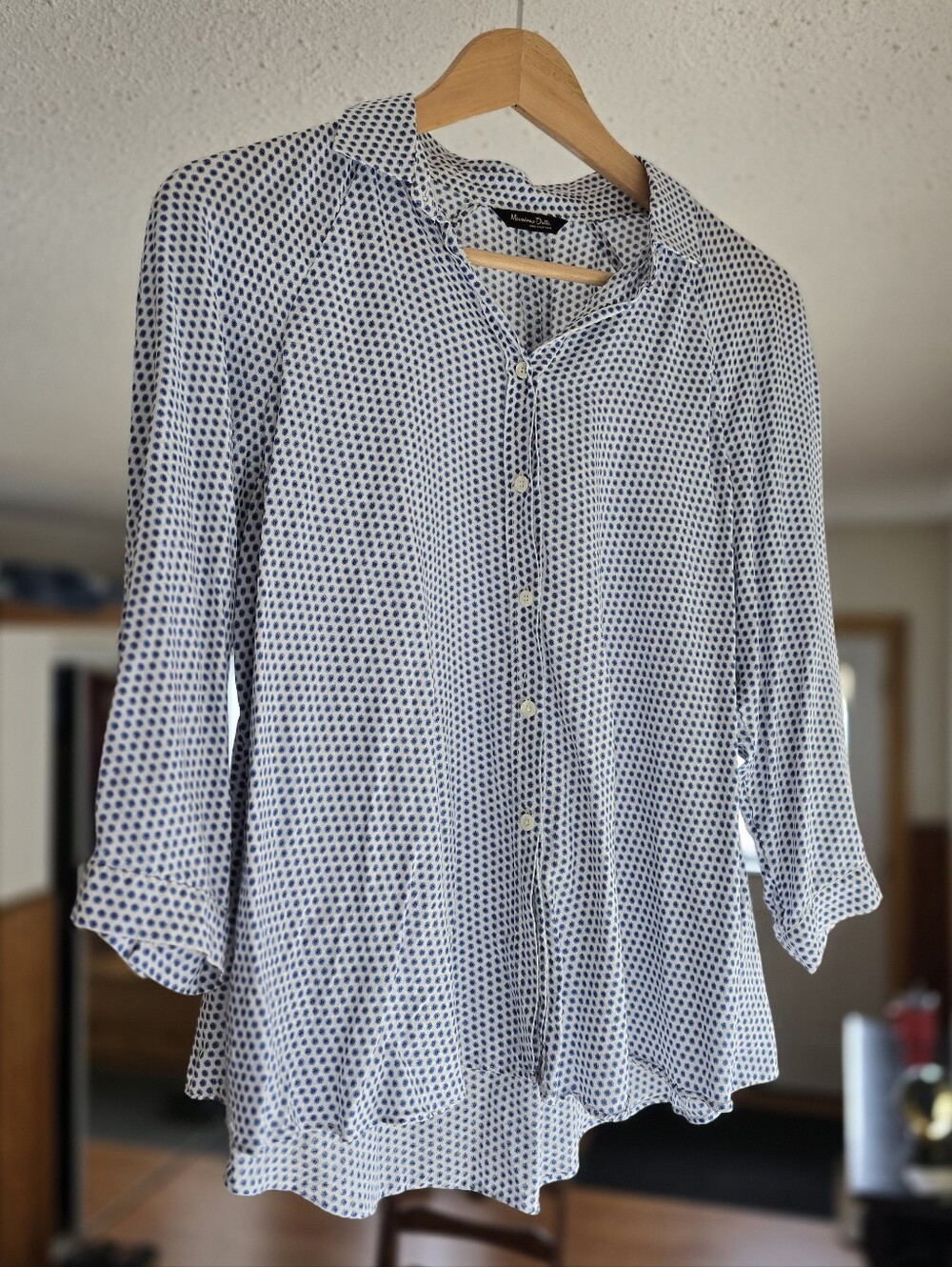 Massimo Dutti White Button-Down Shirt with Navy Dot Print